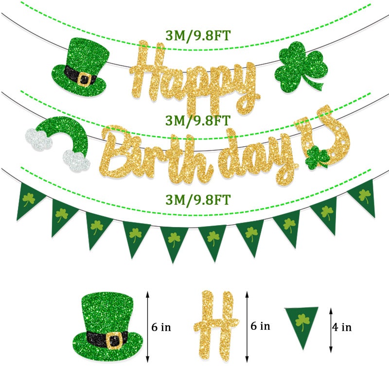 FHGG Gold Glitter St Happy Birthday Banner Decorations Shamrock for St. Patricks Day Home Party Lucky One 1st Birthday - Image 3